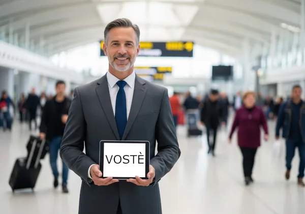 Xofer d'Autolux esperant el client amb un cartell a l'aeroport